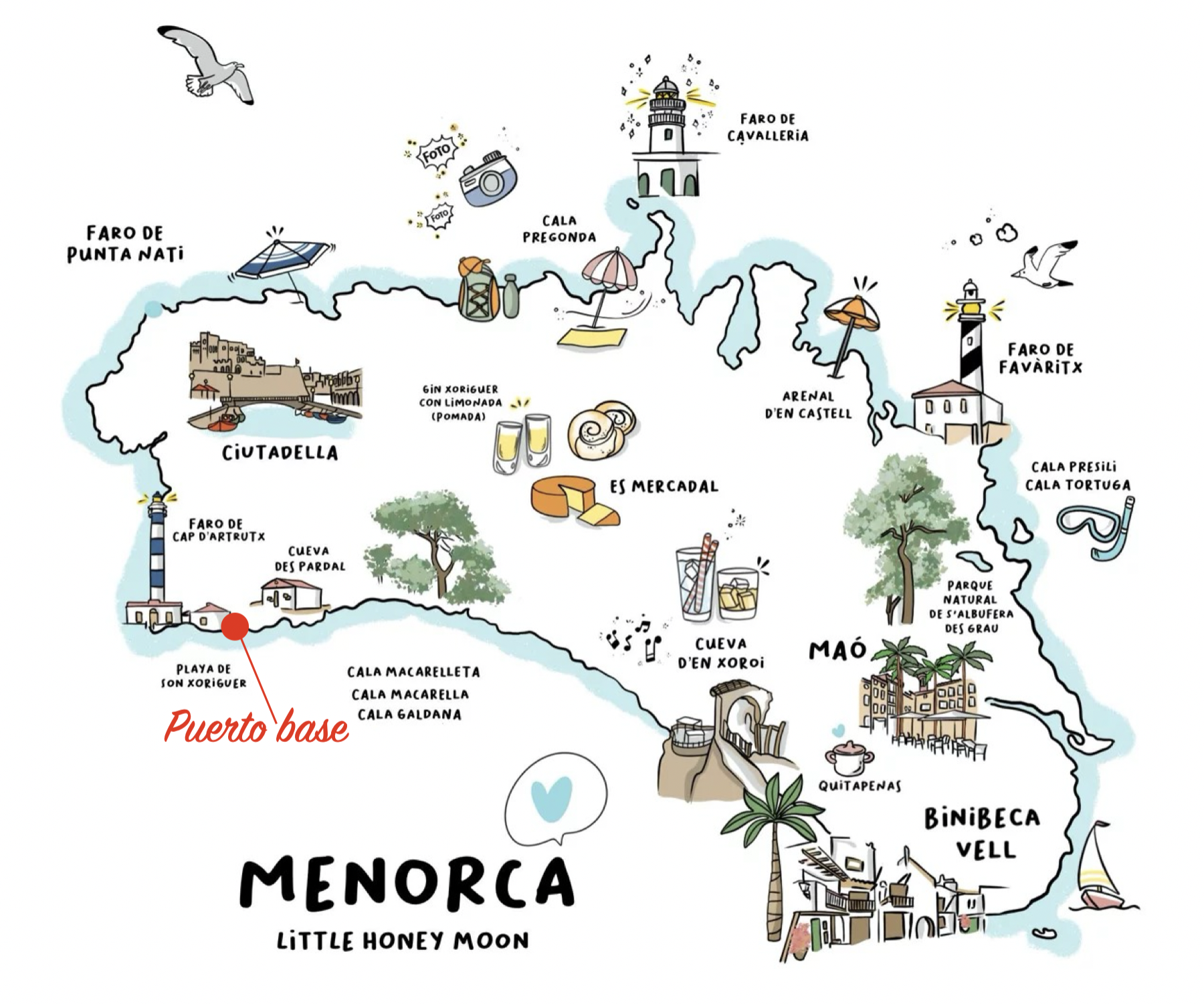 Mapa de Menorca con las principales calas: Macarella, Mitjana, Turqueta, Trebalúger, Son Saura, Galdana, Cala en Porter, Pregonda, Cavalleria y Fornells