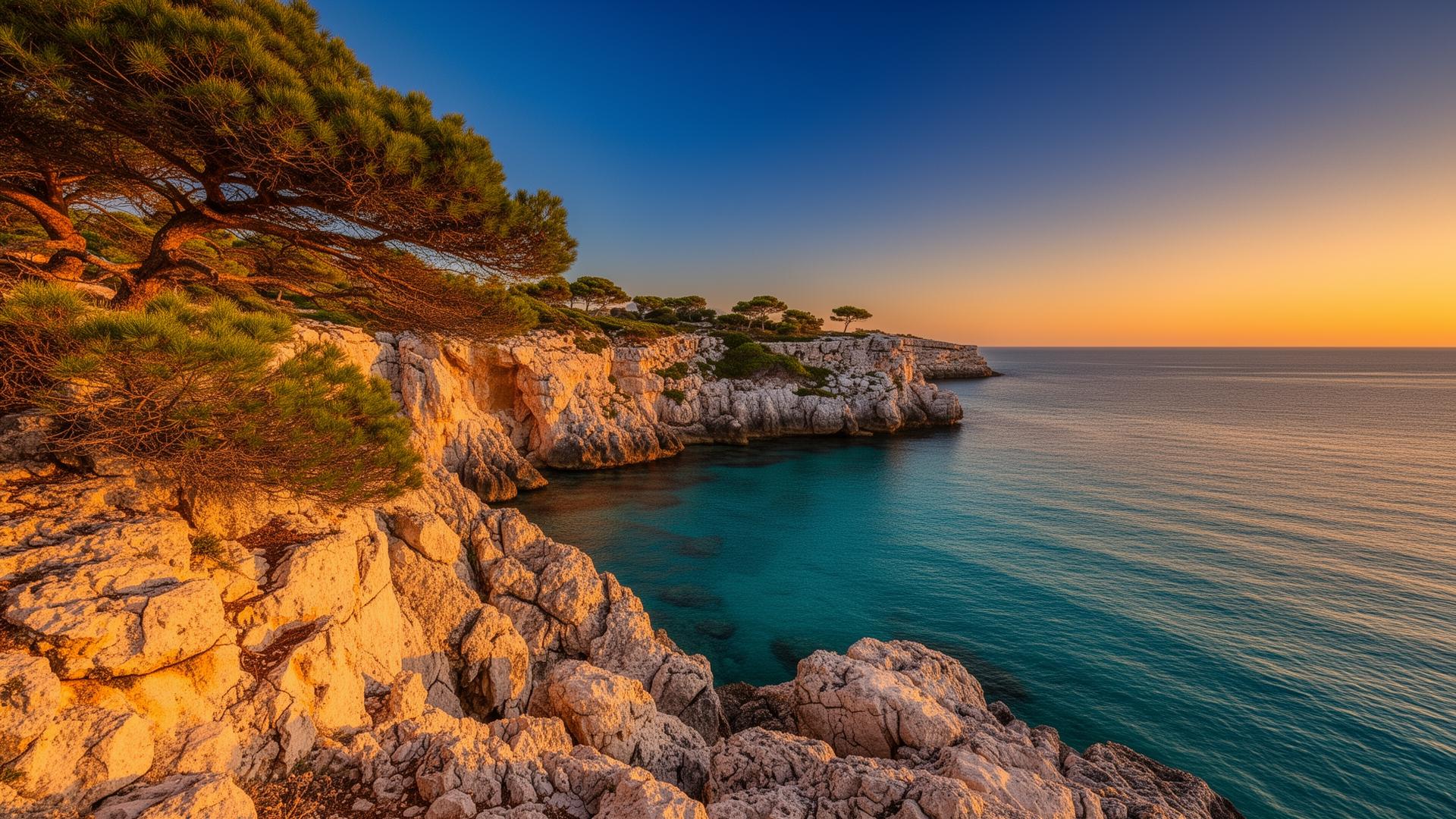 Costa rocosa del sur de Menorca al atardecer