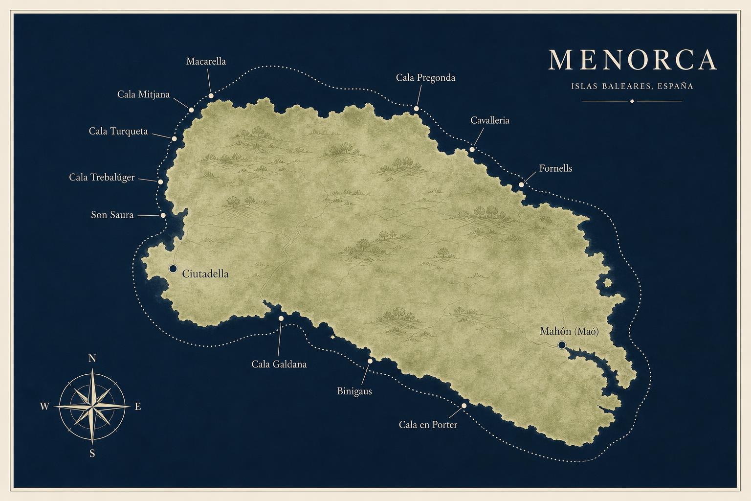 Mapa de Menorca con las principales calas: Macarella, Mitjana, Turqueta, Trebalúger, Son Saura, Galdana, Cala en Porter, Pregonda, Cavalleria y Fornells